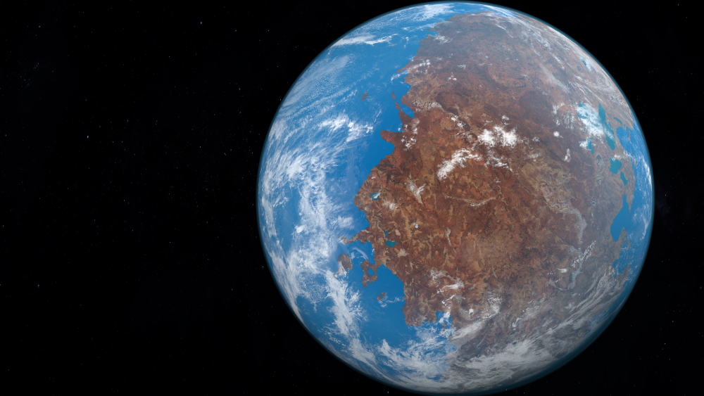 Nachbildung des Superkontinents Pangäa als Satellitenbild aus dem Weltall.