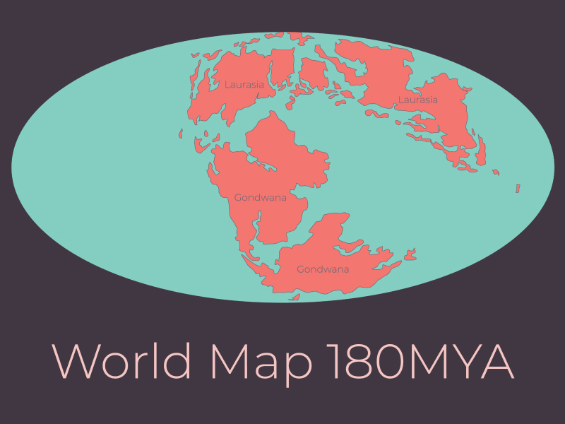 Darstellung der Superkontinente Gondwana und Laurasia vor 180 Millionen Jahren.