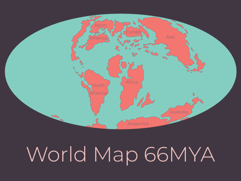 Darstellung der Landmassen der Erde vor 66 Millionen Jahren.