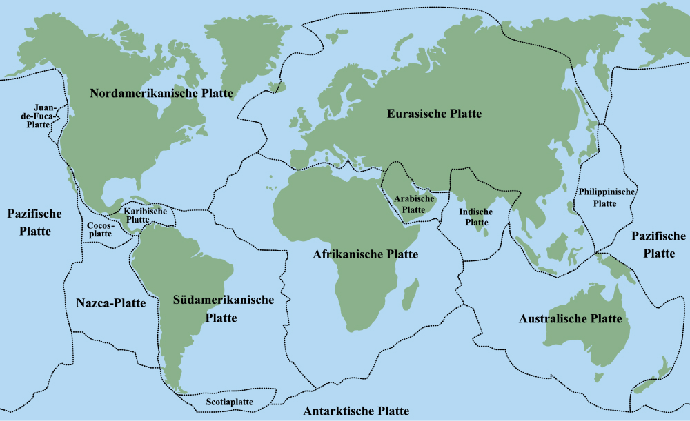 Weltkarte mit den Umrissen der größten tektonischen Platten.