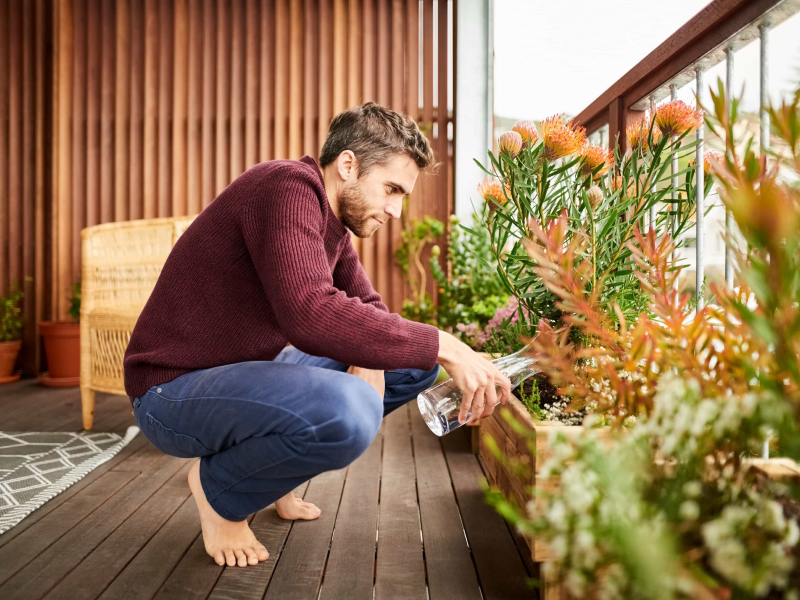 Mann in Jeans und rotem Pullover hockt auf seinem Balkon und gießt seine Pflanzen mit Wasser aus der Karaffe.
