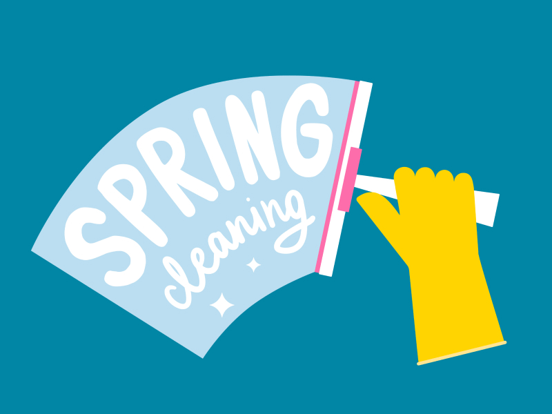Englischer Frühjahrsputz-Schriftzug: „Spring Cleaning“. Eine Hand im gelben Handschuh reinigt ein Fenster mit einem Fensterabzieher.