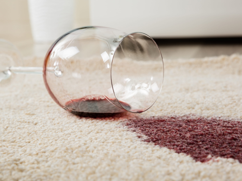 Aus einem Weinglas verschütteter Rotwein hat einen Fleck auf dem beigen Teppich hinterlassen.