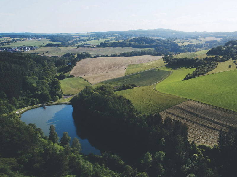 Die Vulkaneifel von oben: Landschaft mit Wäldern, Wiesen und einem See.