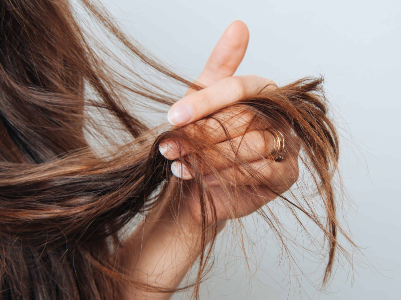 Lange braune Haare werden in die Kamera gehalten. Die Nägel sind sehr gepflegt. Die Haarspitzen brauchen einen Schnitt.