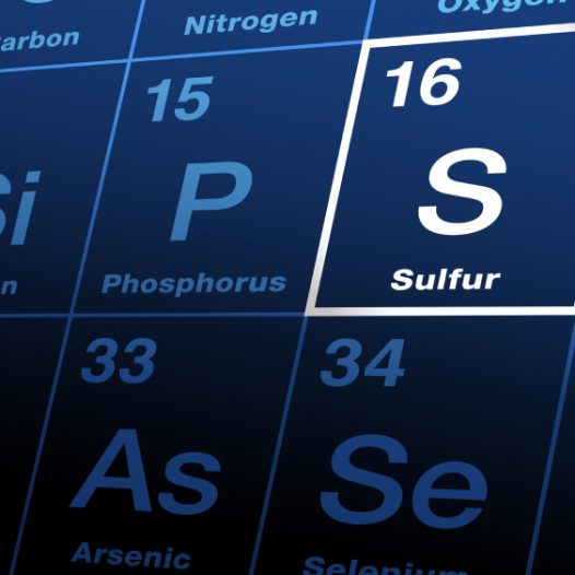 Schwefel im Periodensystem der Elemente. Sulfat setzt sich aus Schwefel und Sauerstoff zusammen.