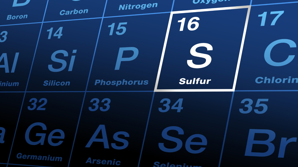 Schwefel im Periodensystem der Elemente. Sulfat setzt sich aus Schwefel und Sauerstoff zusammen.