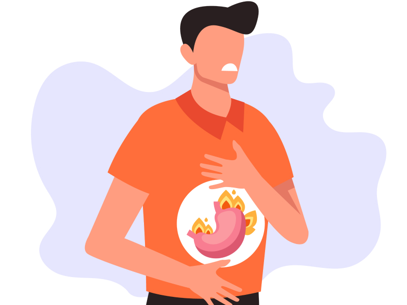 Illustration: Ein Mann hält sich schmerzverzerrt Magen und Brust, weil sein Magen brennt.