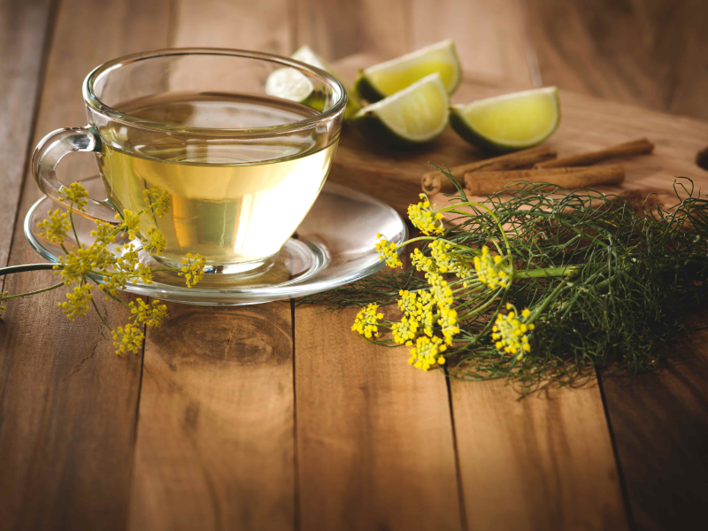 Eine Glas-Teetasse Fencheltee steht auf einem Holztisch. Daneben liegen Fenchel, Zimtstangen und aufgeschnittene Zitronen.