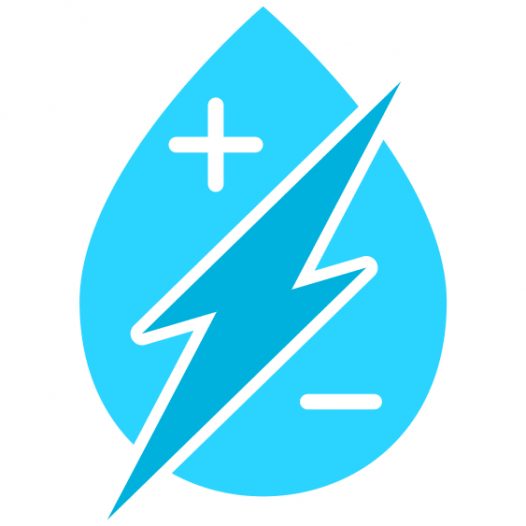 Illustration: Ein blauer Blitz geht durch einen blauen Tropfen mit Plus- und Minuszeichen, die elektrische Ionen, also Elektrolyte im Wasser darstellen.