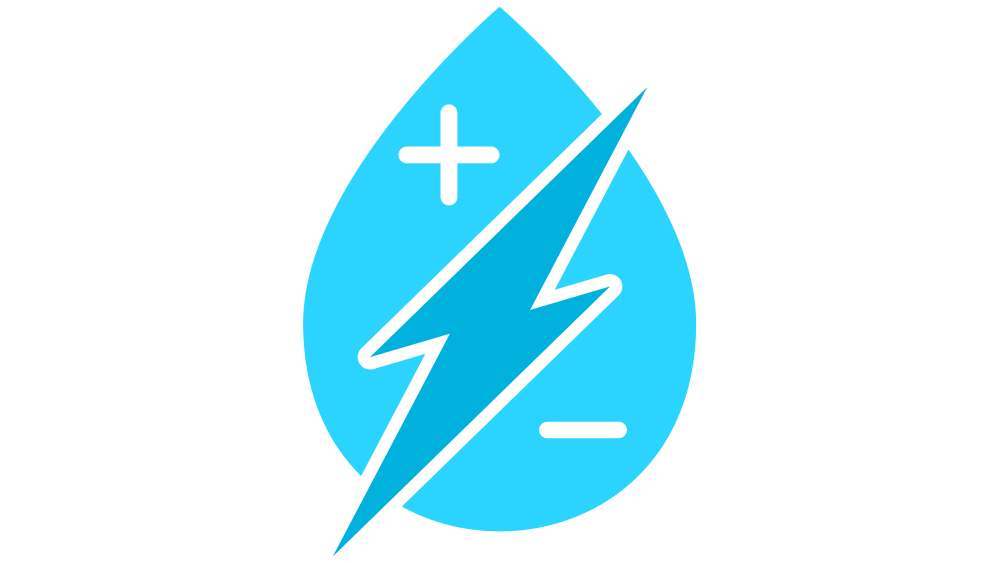 Illustration: Ein blauer Blitz geht durch einen blauen Tropfen mit Plus- und Minuszeichen, die elektrische Ionen, also Elektrolyte im Wasser darstellen.