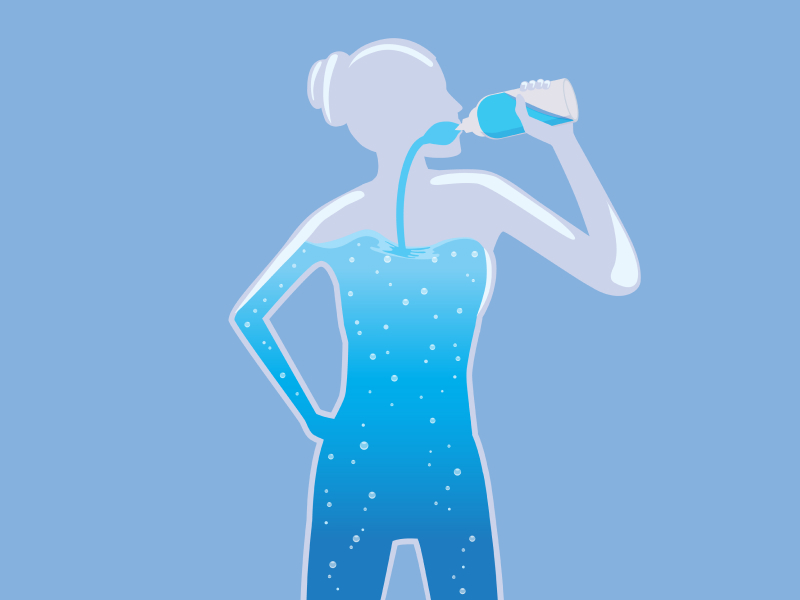 Illustration: Frau trinkt aus einer Sportflasche Wasser und man sieht den Wasserhaushalt im Körper.