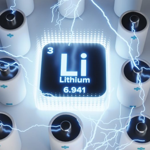 Lithium Element aus dem Periodensystem umgeben von Lithium-Ionen-Akkus, die über Blitze verbunden sind.