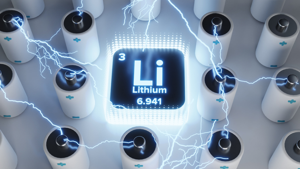 Lithium Element aus dem Periodensystem umgeben von Lithium-Ionen-Akkus, die über Blitze verbunden sind.