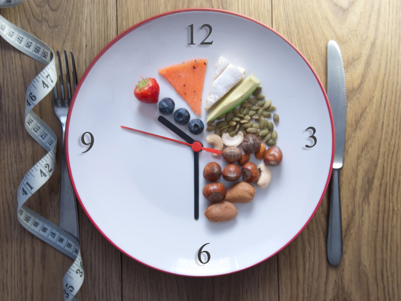 Auf einer Uhr ist mit Lebensmitteln eingeteilt, zu welchen Zeiten gegessen wird und wann nicht. Links davon liegt eine Gabel und ein Maßband. Rechts ein Messer.