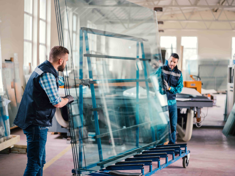 Handwerker, die mehrere hergestellte Glasscheiben auf einem Rollwagen transportieren.