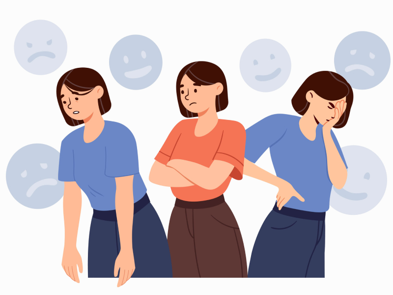 Illustration einer Frau mit drei verschiedenen negativen Stimmungen und Emotionen.