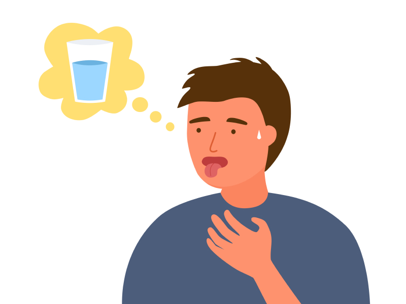 Illustration eines Mannes, der durstig ist und in einer Gedankenblase an ein Glas Wasser denkt.