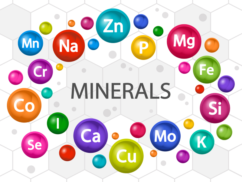 Die chemischen Symbole der grundlegenden Mineralien in bunten Kugeln
